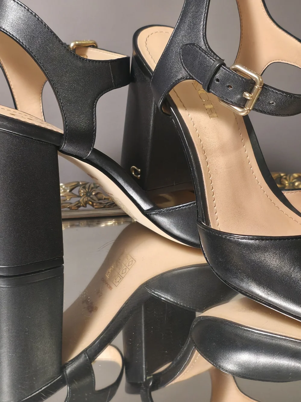 Coach Black Leather Block Heel Sandals with Gold Buckle